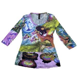 Elana Kattan Psychedelic Top Women L Abstract 3/4 Sleeve Scoop Mesh Hippie Rave